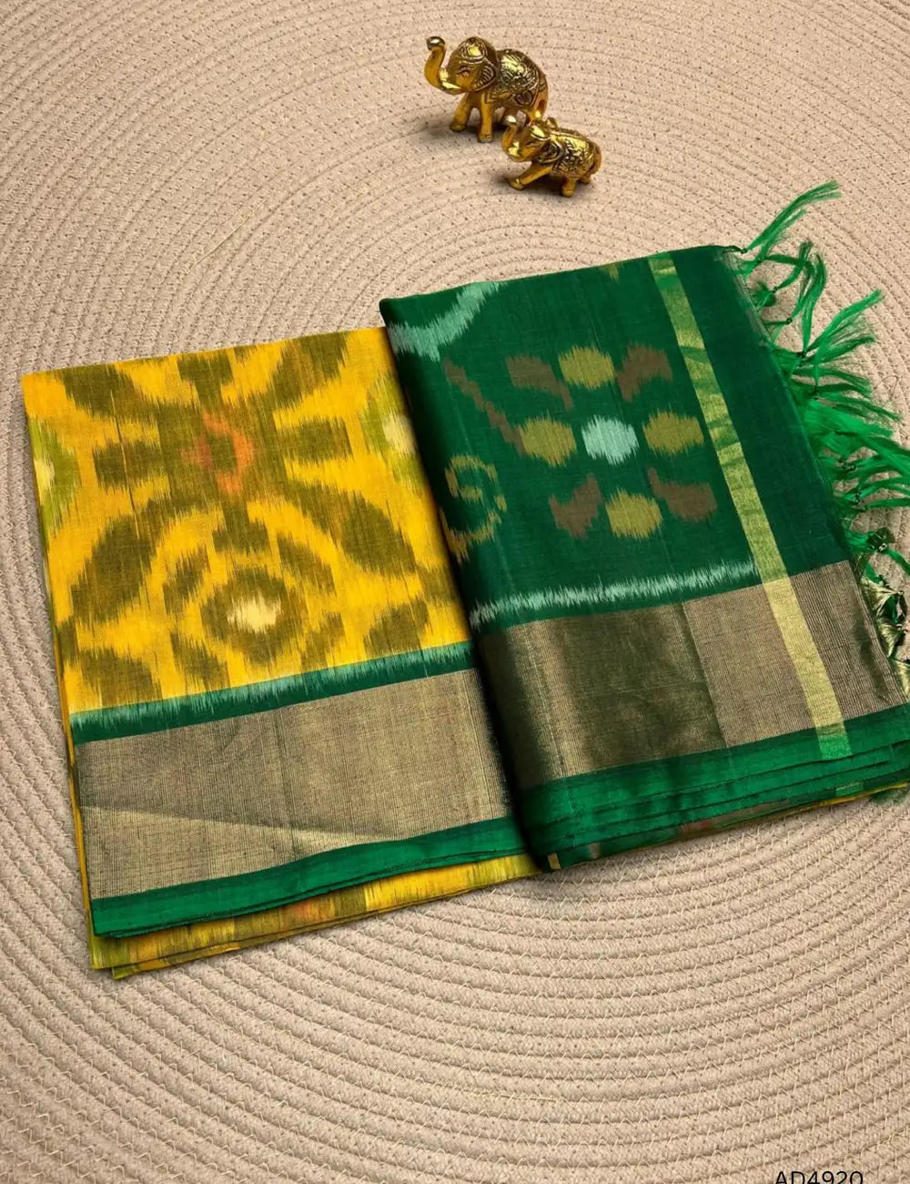 Yellow, & Green - Ikkat Kora Cotton Saree