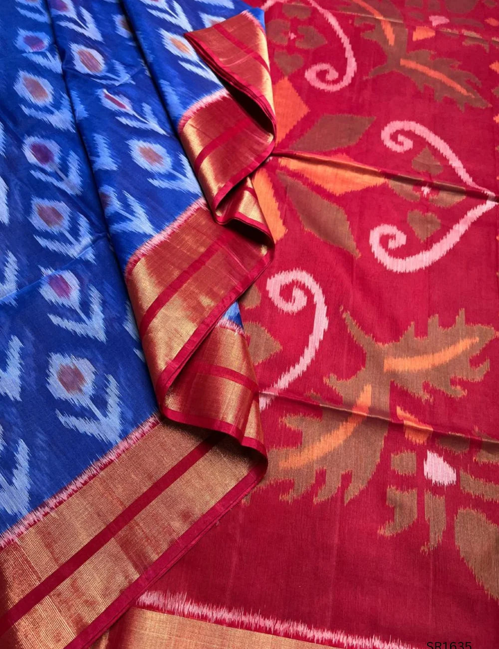 Blue , White & Red - Ikkat Kora Cotton Saree