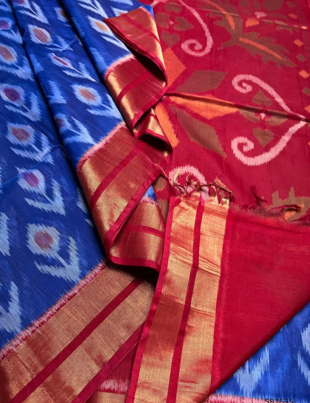 Blue , White & Red - Ikkat Kora Cotton Saree