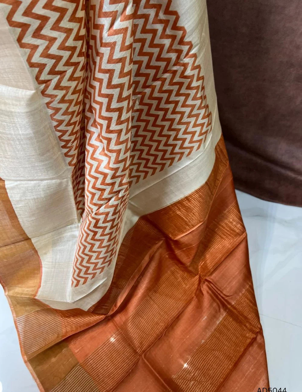 Half White & Orange - Pure Tussar Saree