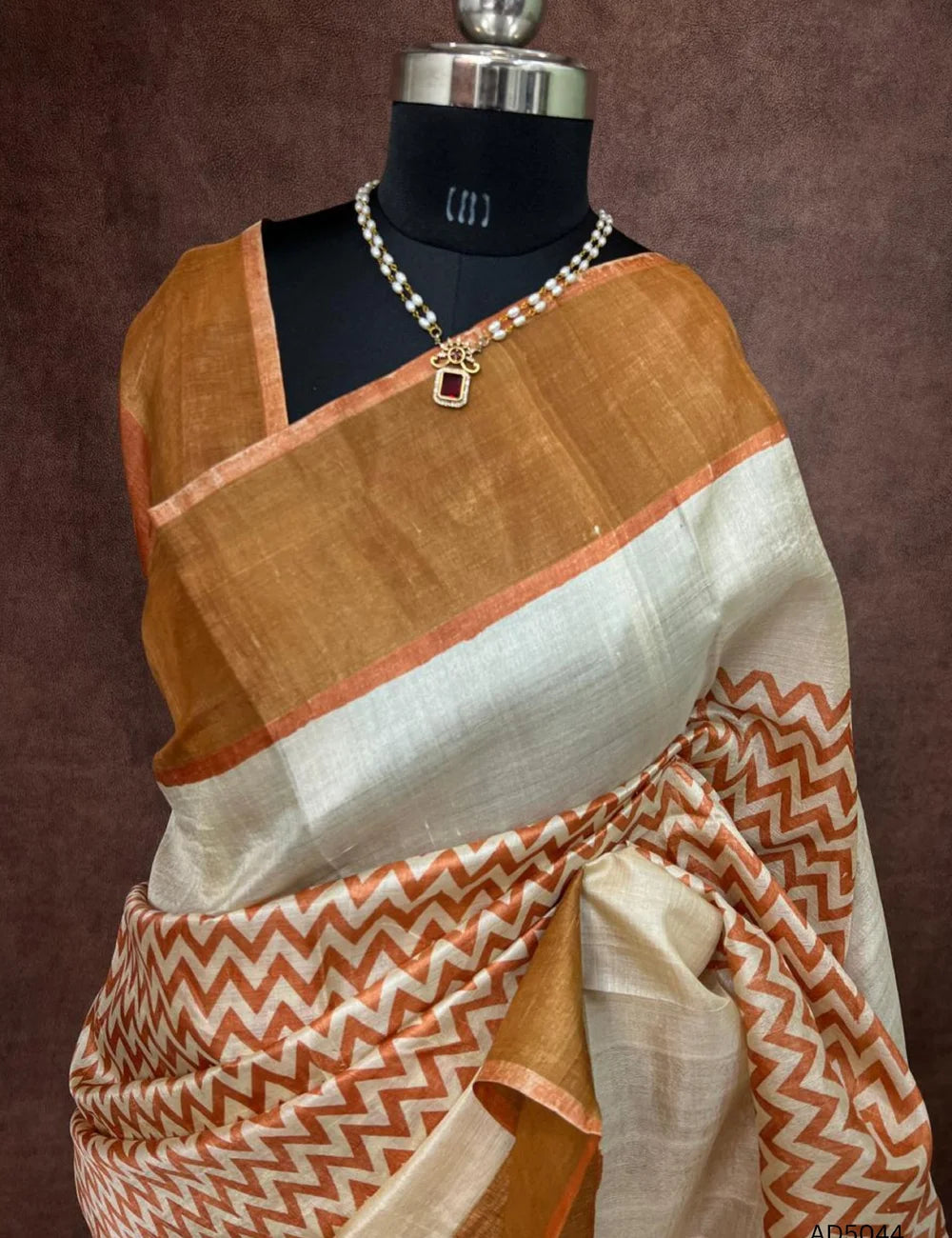 Half White & Orange - Pure Tussar Saree