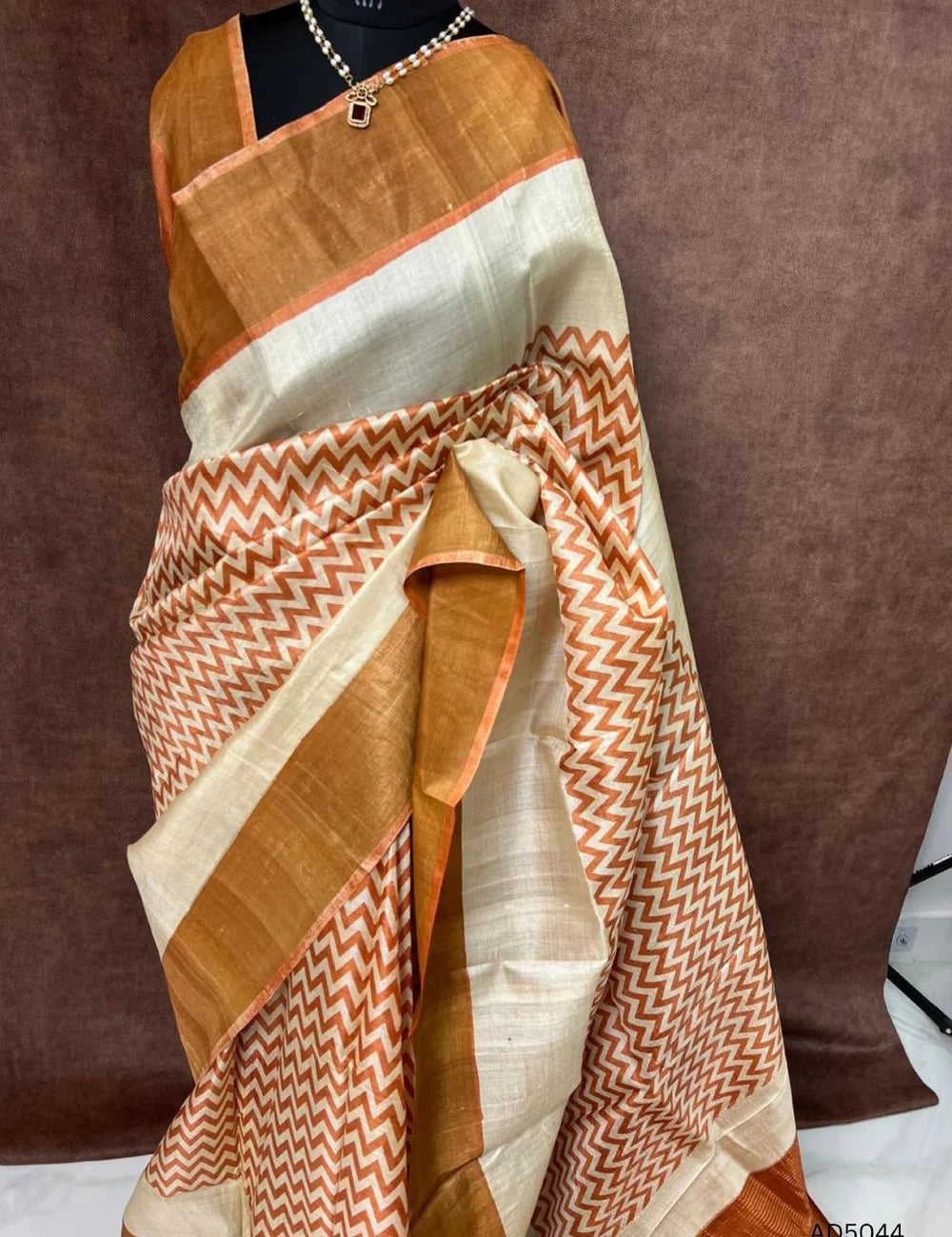 Half White & Orange - Pure Tussar Saree
