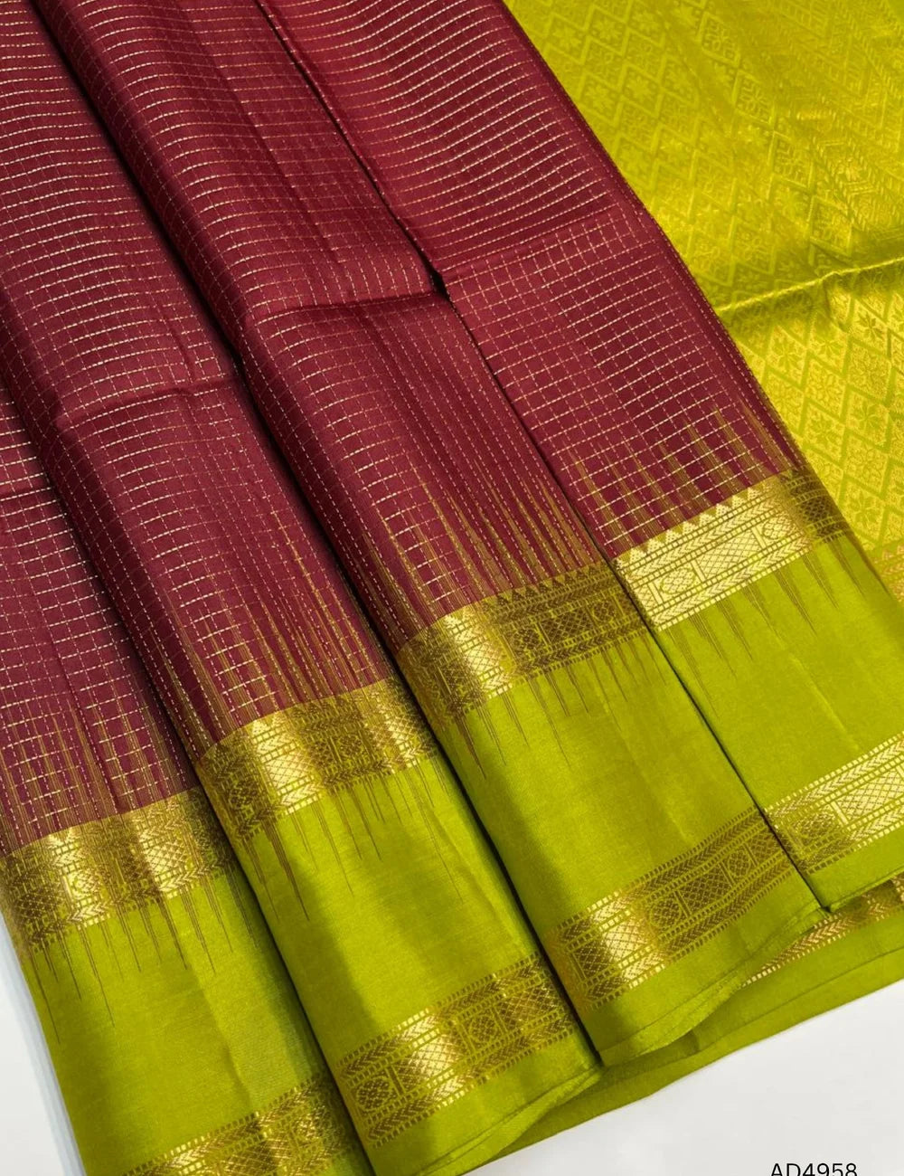 Brick Red & Green - Retta Pet Soft Silk Saree