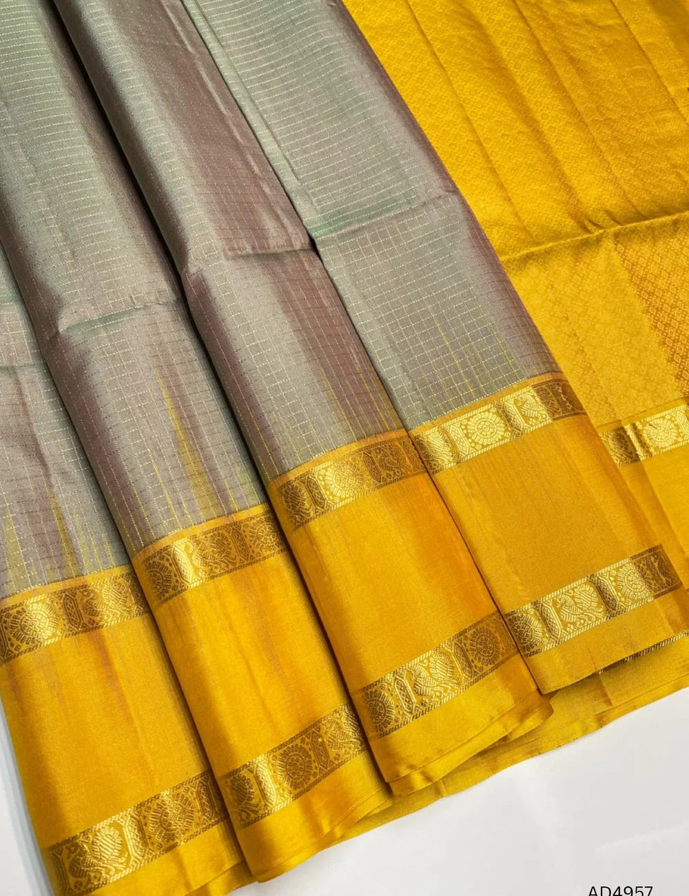 Chikoo & Yellow - Checkerd Retta Pet Soft Silk Saree