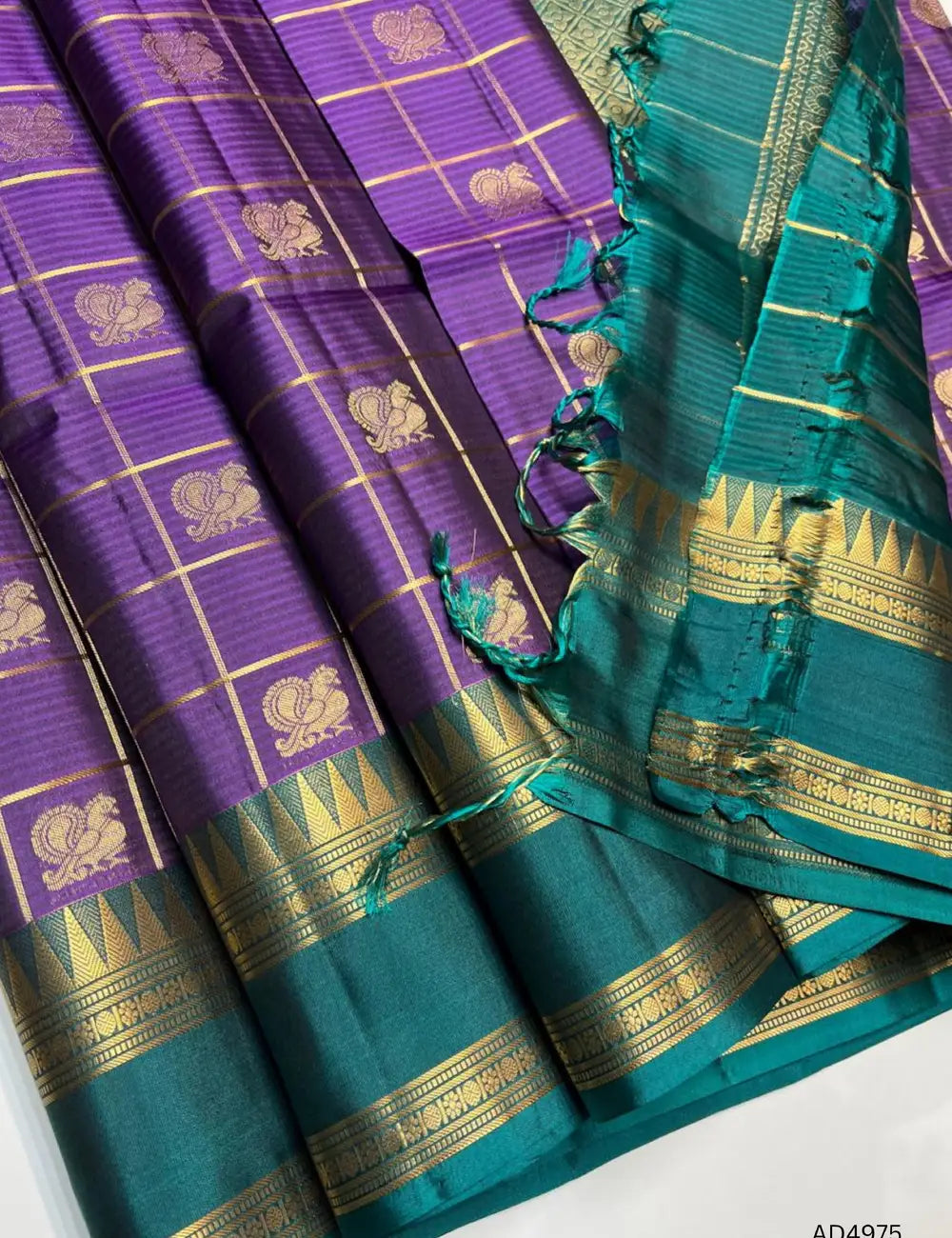 Puple & Green - Checkerd Retta Pet Soft Silk Saree