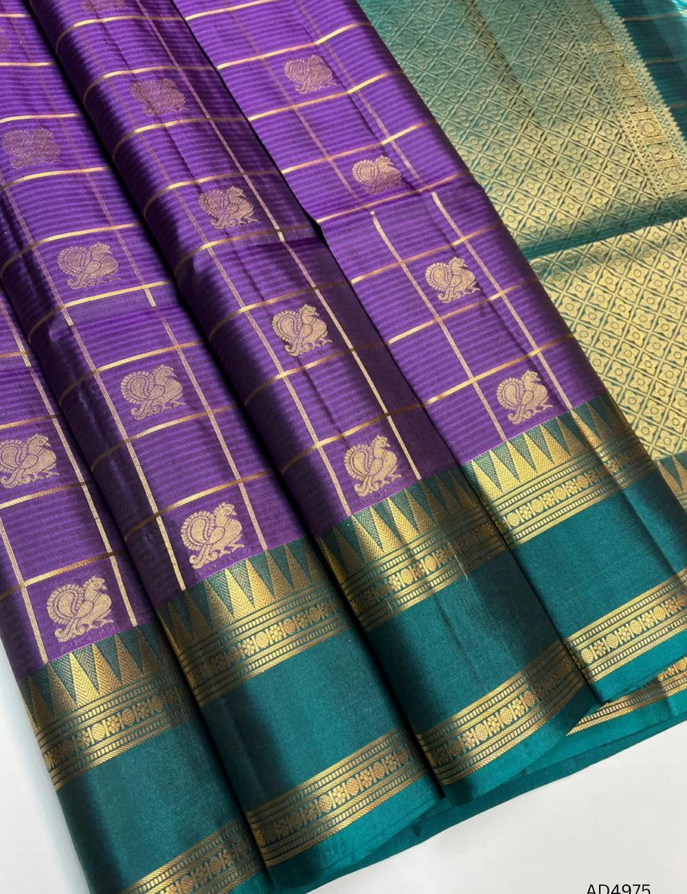 Puple & Green - Checkerd Retta Pet Soft Silk Saree