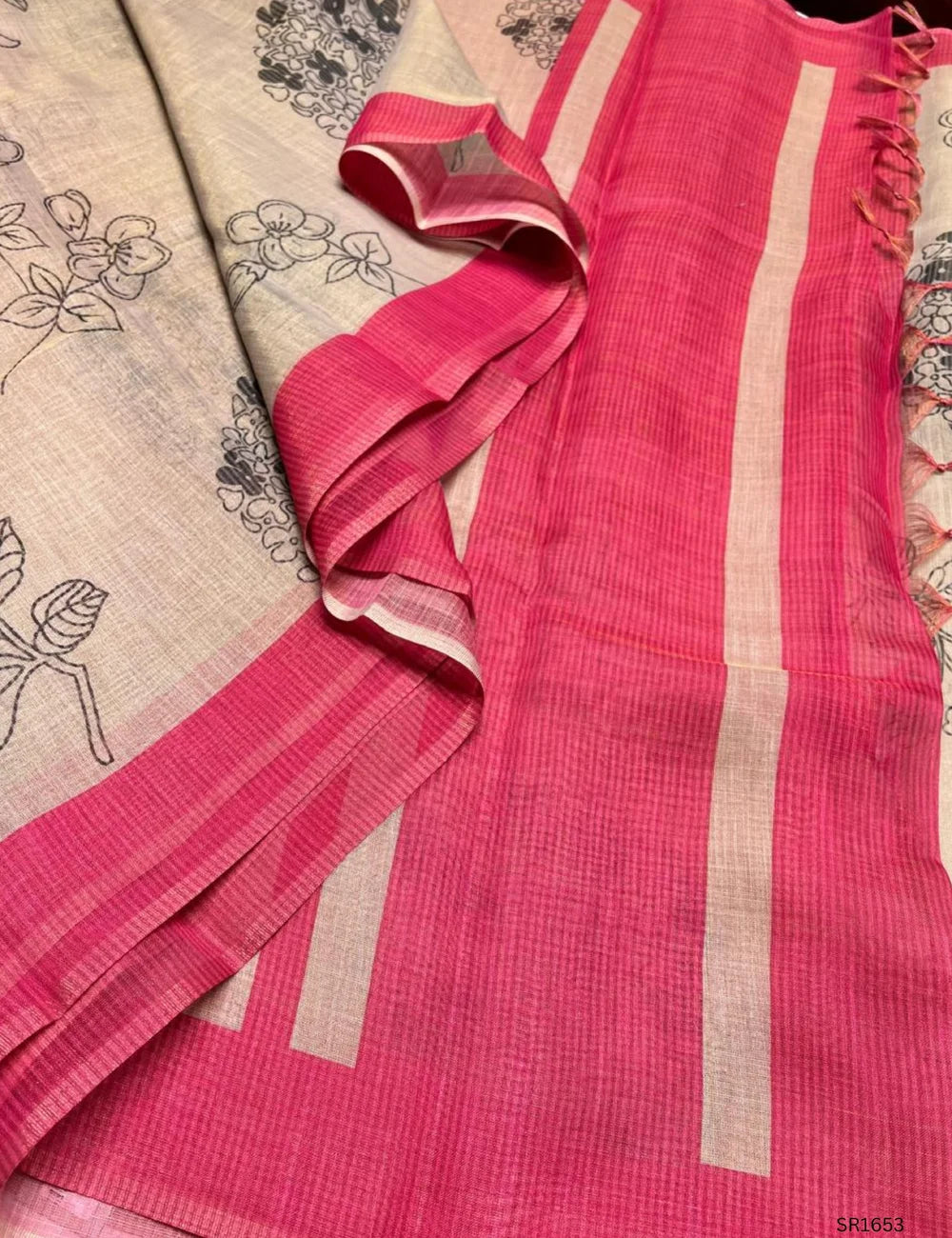 Cream& Pink - Linen Saree