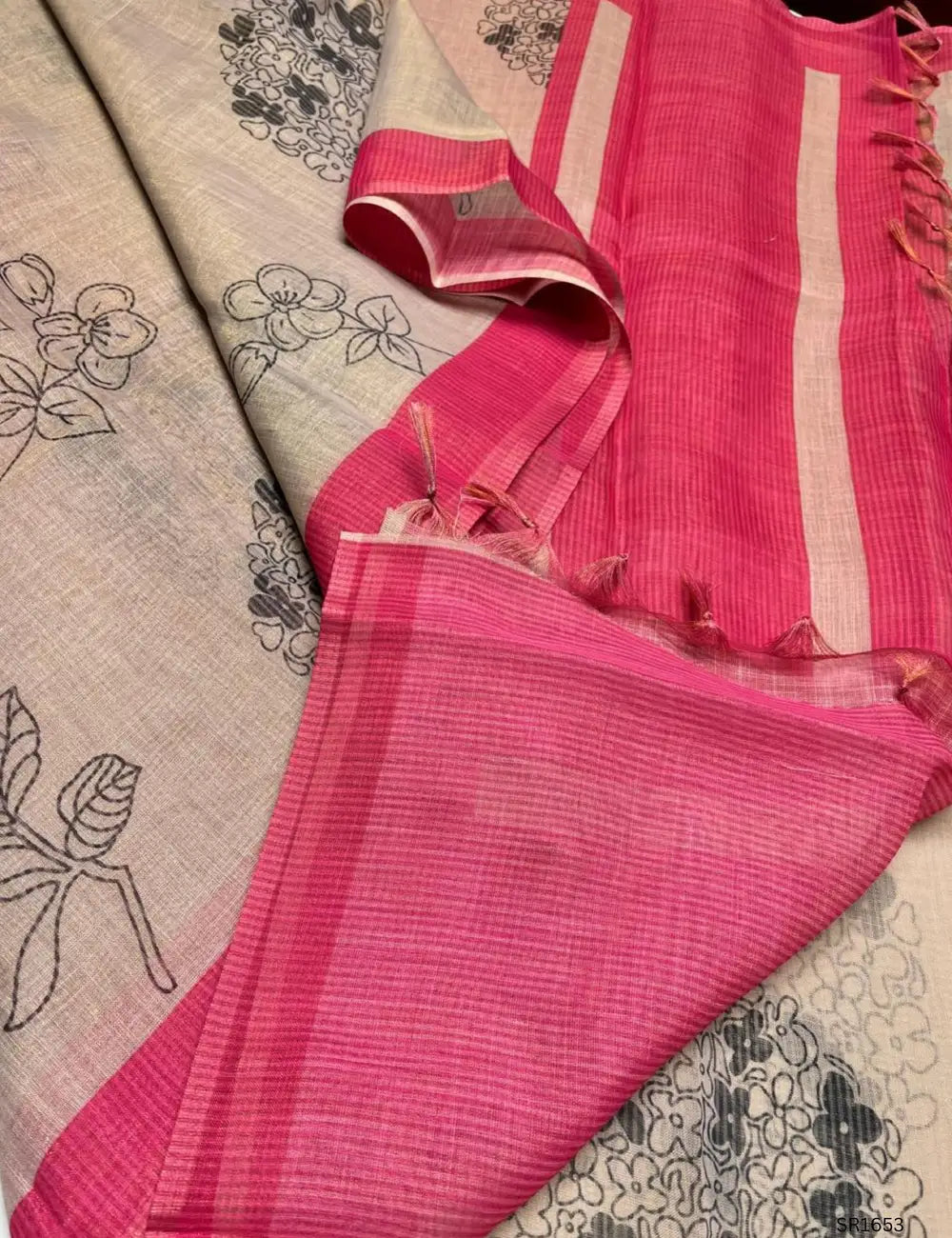 Cream& Pink - Linen Saree
