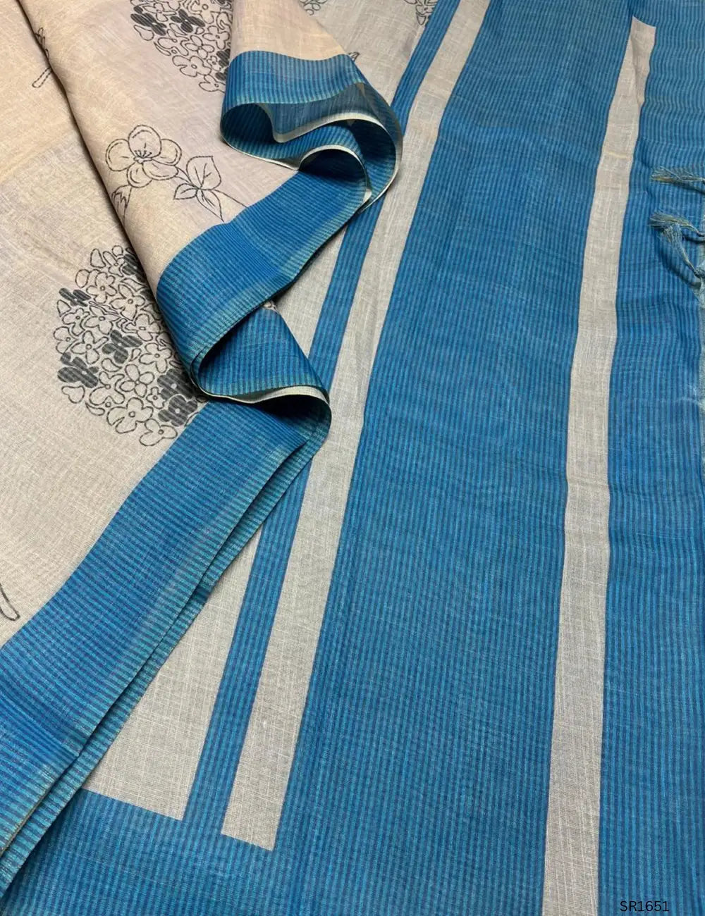 Cream & Blue - Linen Saree