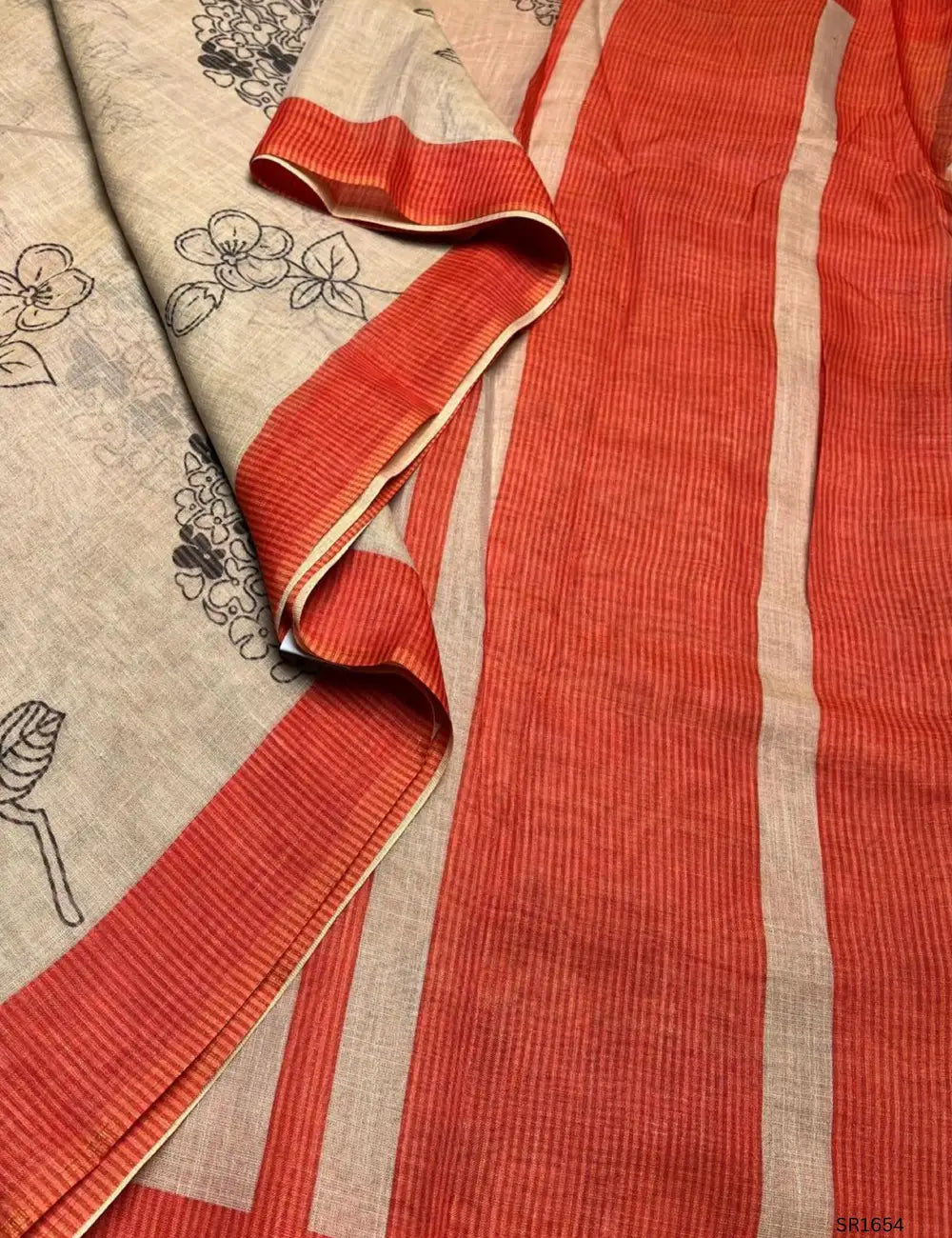 Cream & Orange - Linen Saree