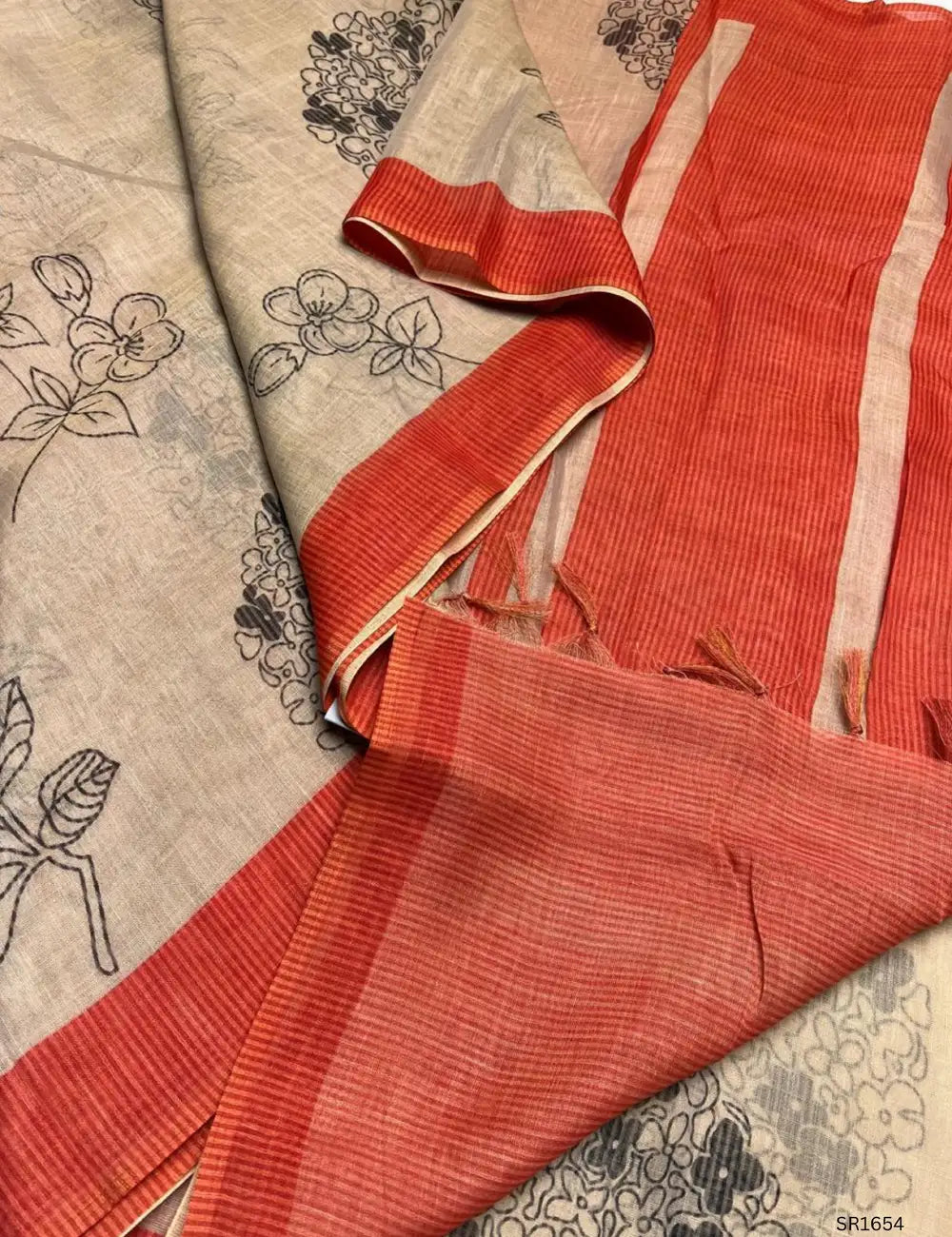 Cream & Orange - Linen Saree