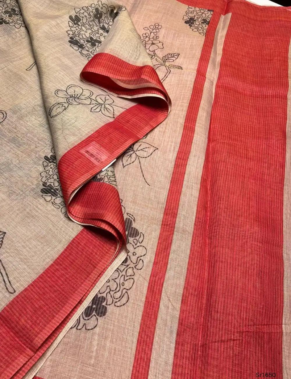 Cream & Red - Linen Saree