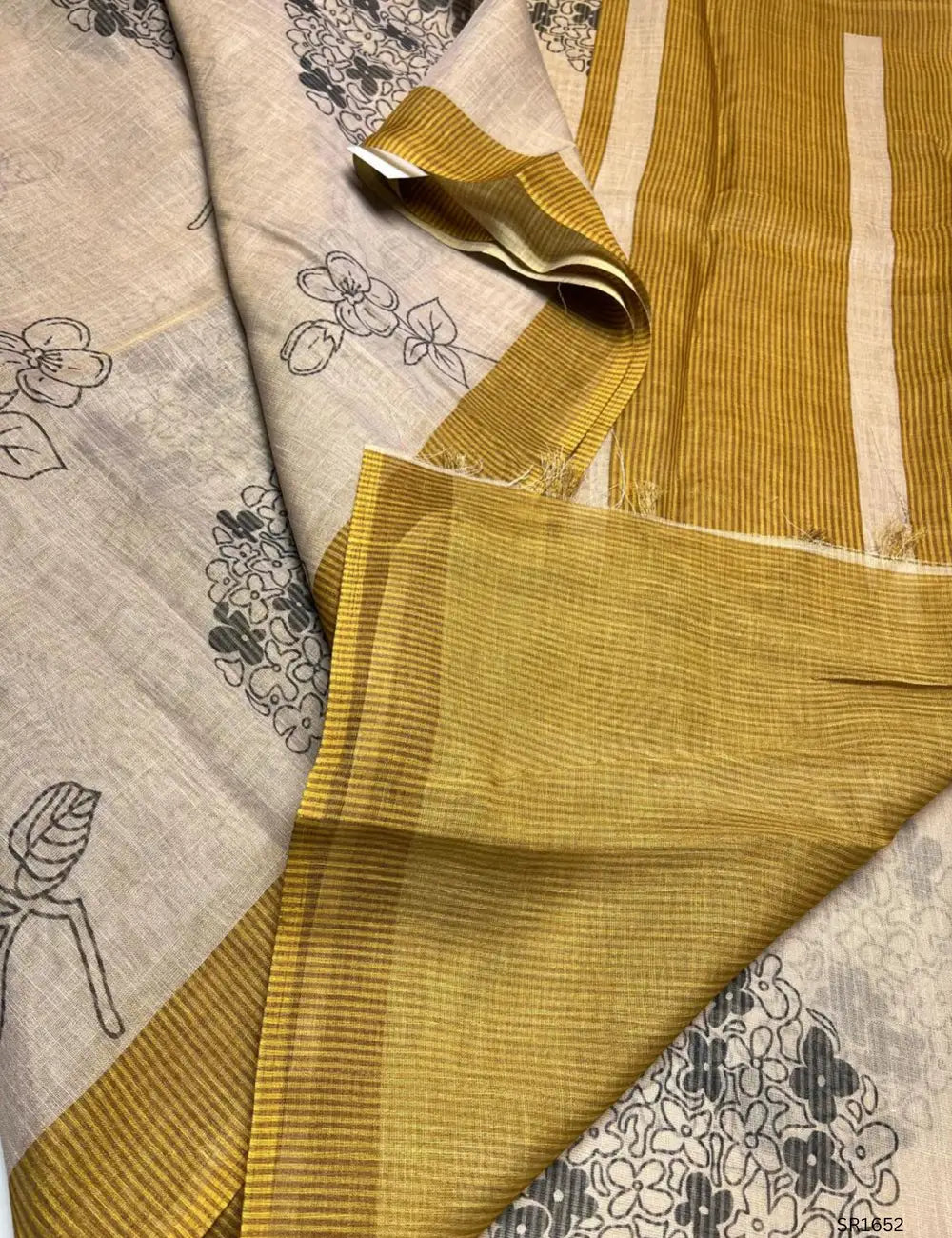 Cream & Golden Yellow - Linen Saree
