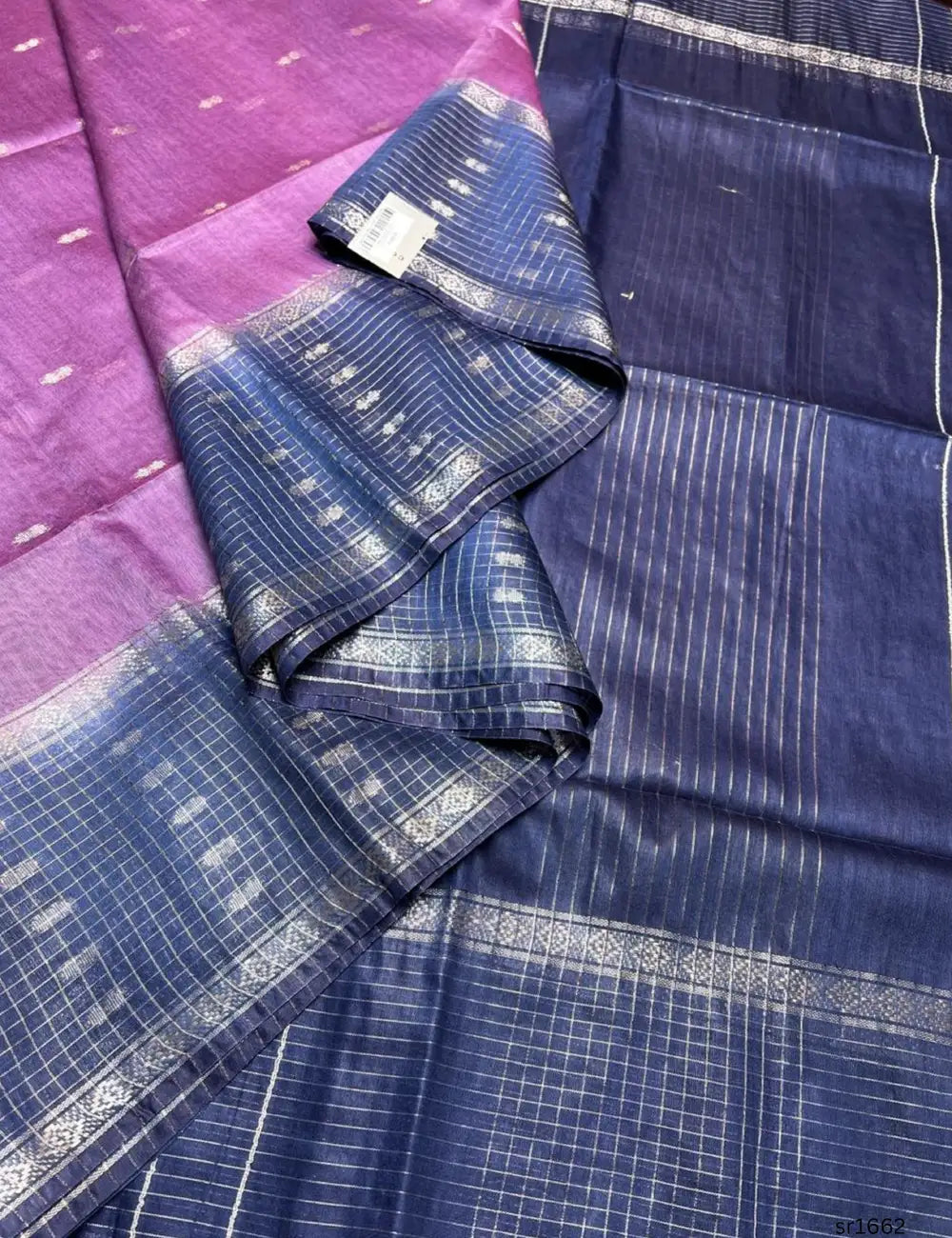Lilac & Navy Blue - Semi Tissue Saree