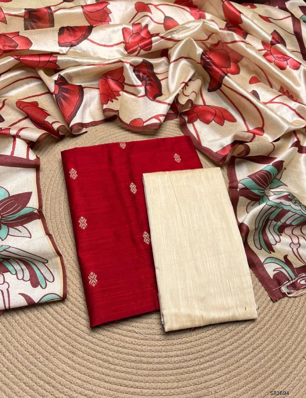 Red - Raw Silk Unstiched Suit 3 Pc Set