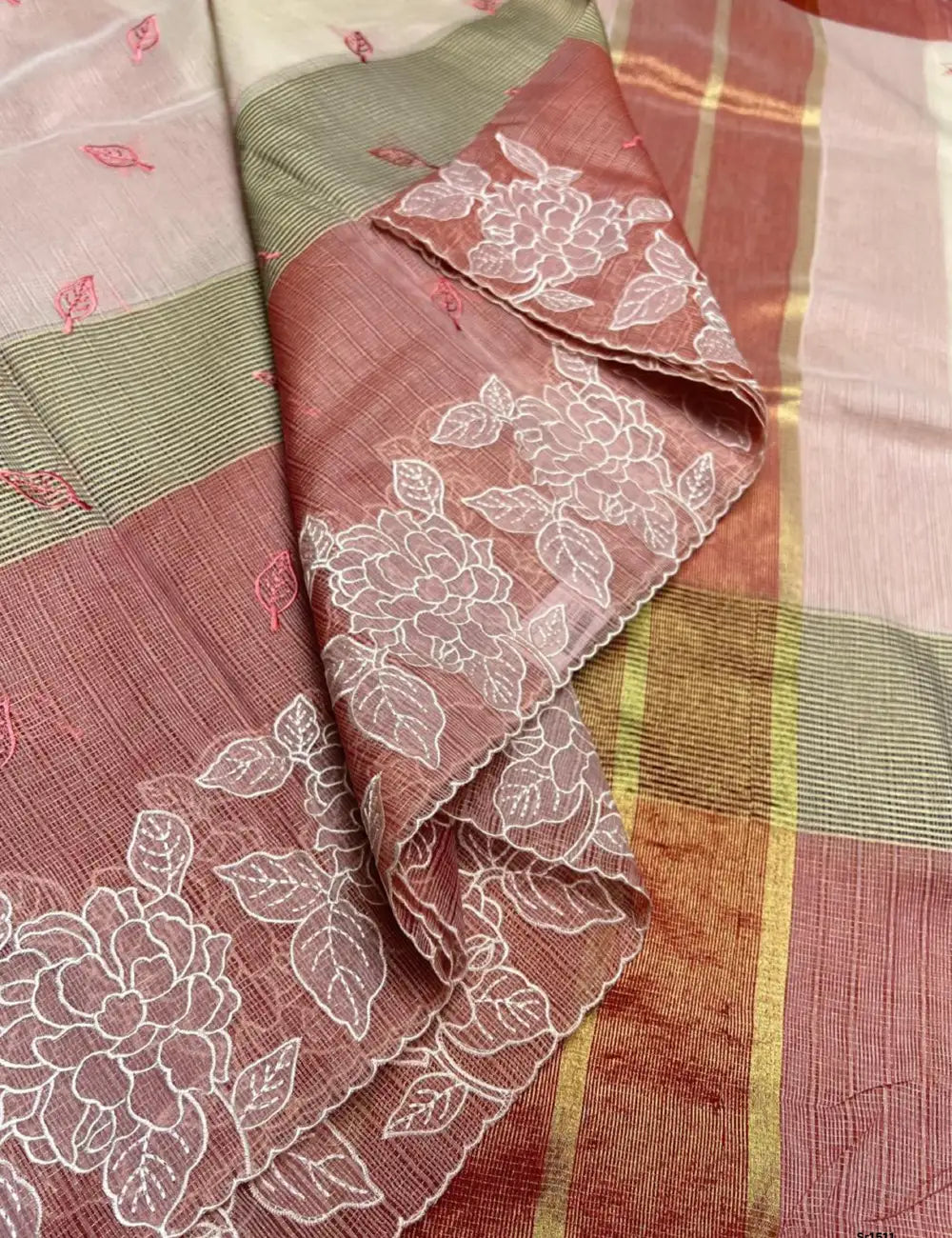 Cream & Red - Kota Applique Work Saree