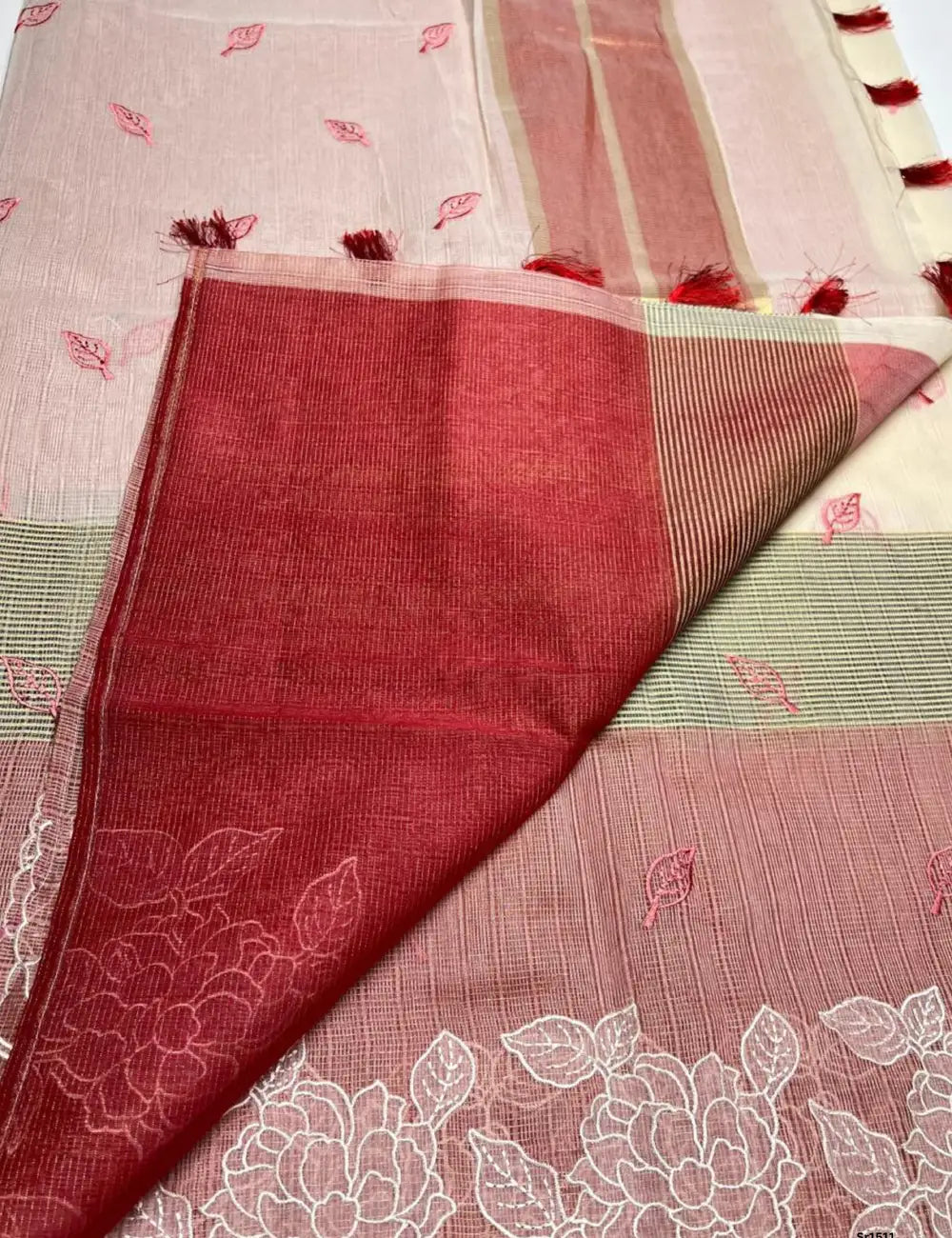 Cream & Red - Kota Applique Work Saree