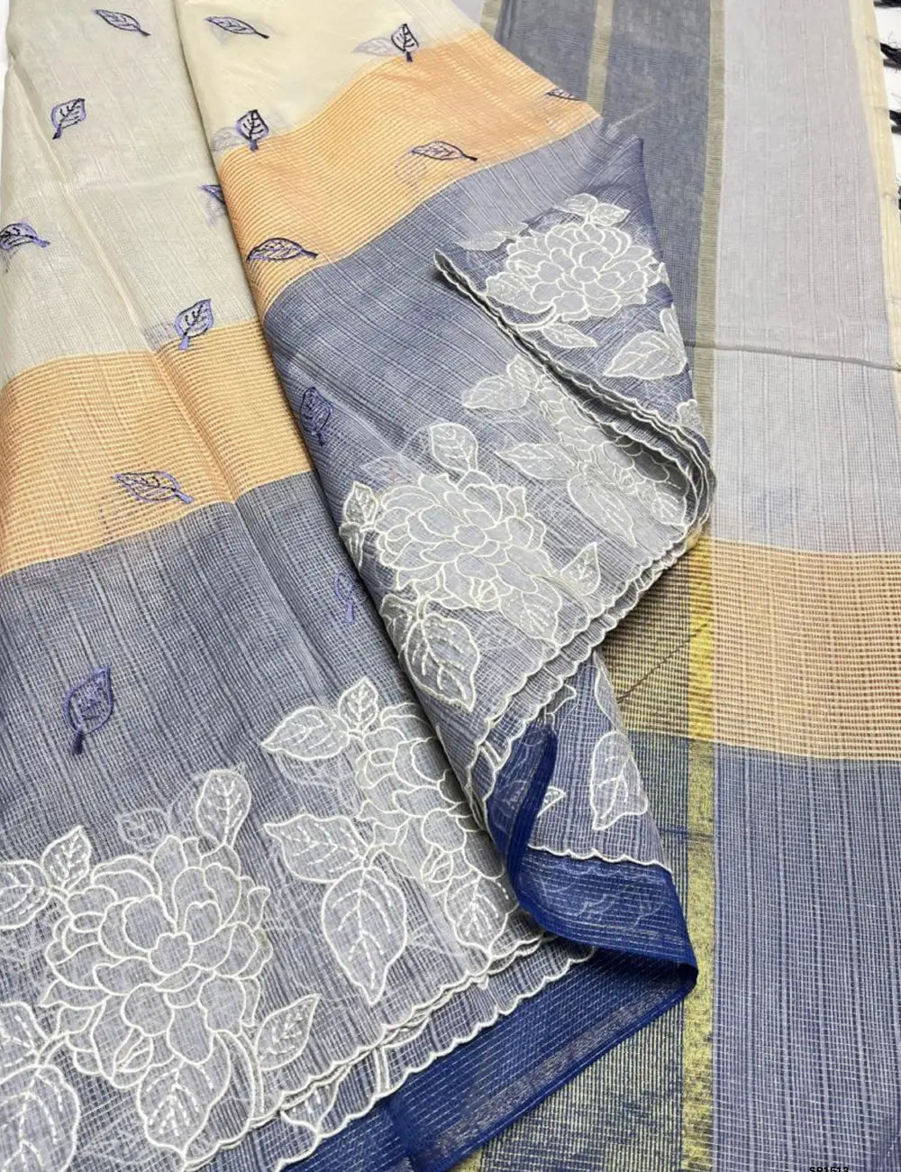 Cream & Purple - Kota Applique Work Saree