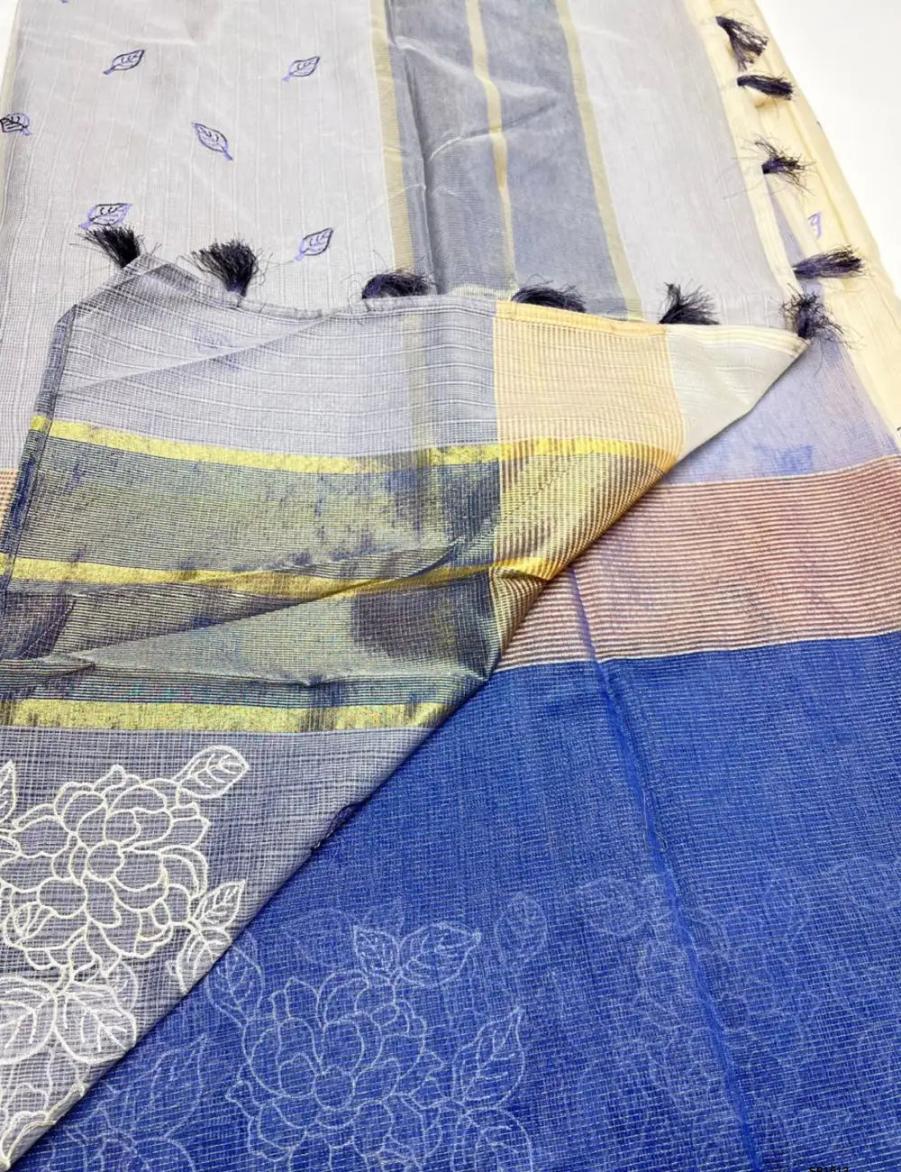 Cream & Purple - Kota Applique Work Saree