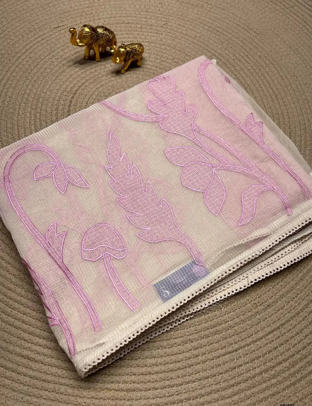 Half White & Pink - Kota Applique Work Saree