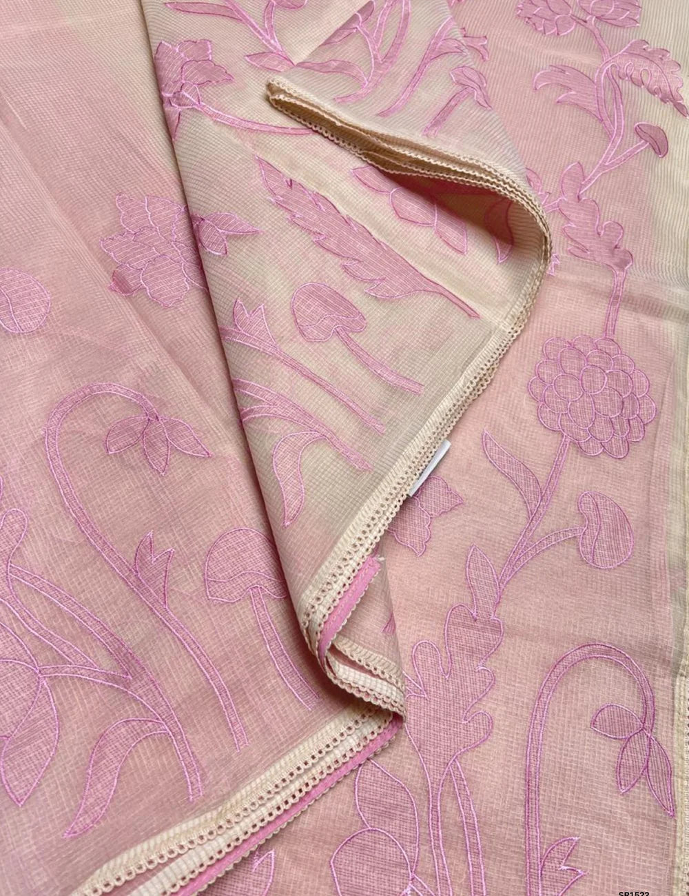 Half White & Pink - Kota Applique Work Saree