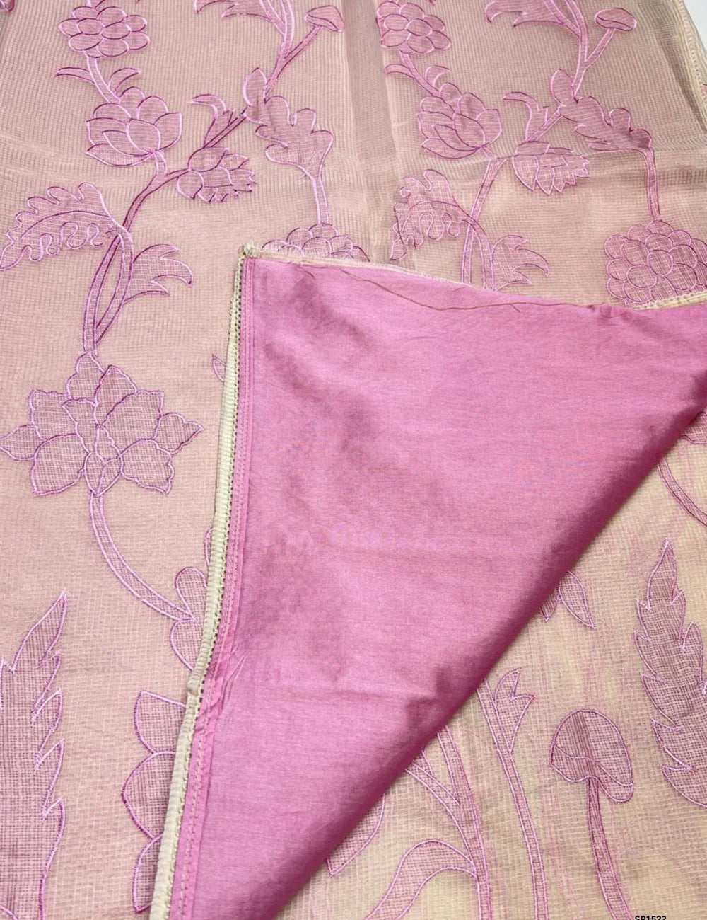 Half White & Pink - Kota Applique Work Saree