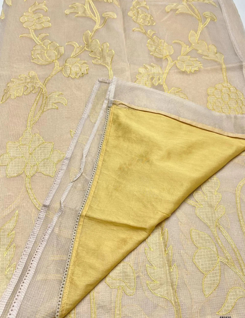 Half White & Yellow - Kota Applique Work Saree
