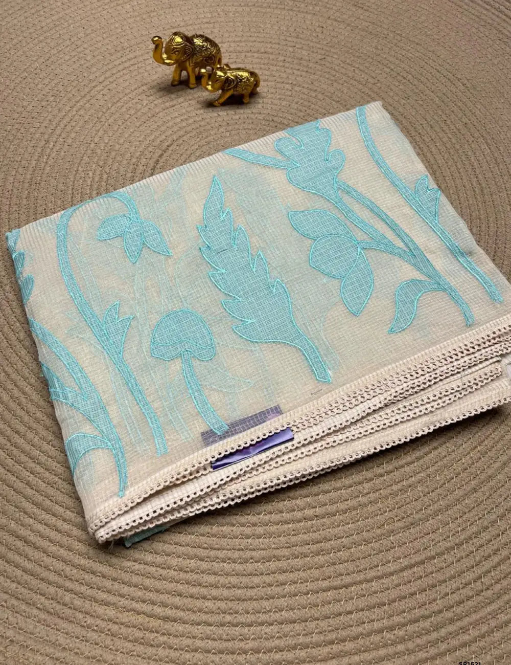 Half White & Baby Blue - Kota Applique Work Saree