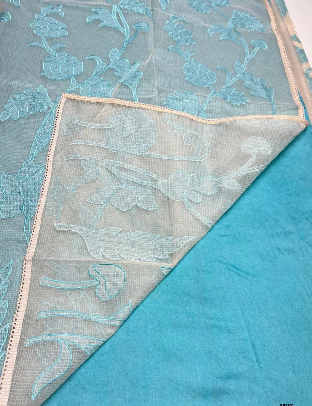 Half White & Baby Blue - Kota Applique Work Saree