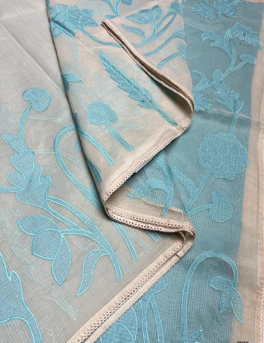Half White & Baby Blue - Kota Applique Work Saree