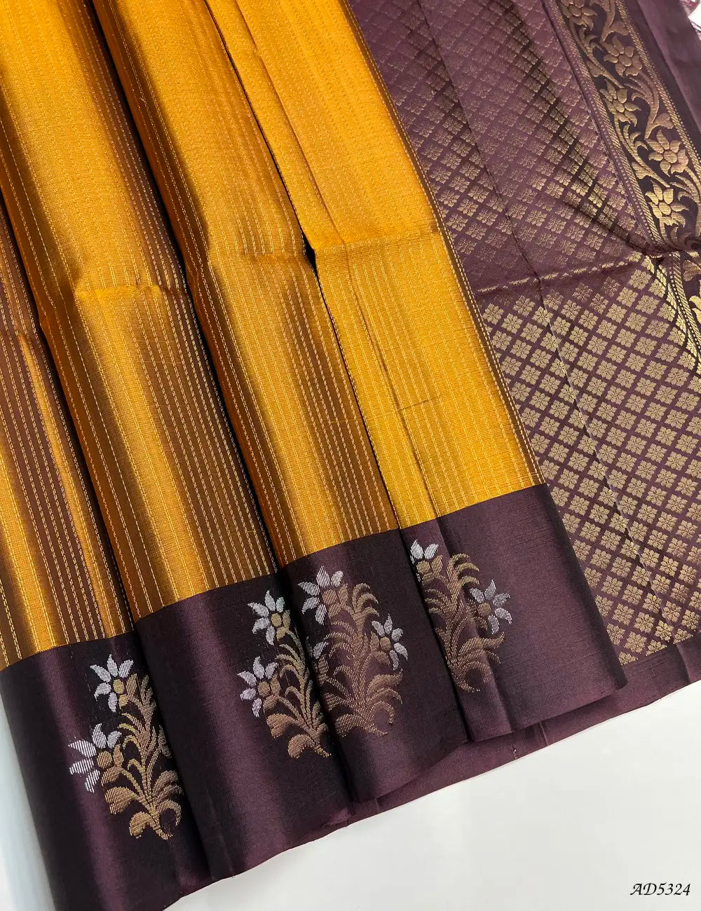 Golden Brown & Burgundy - Fancy Border Soft Silk Saree Front View