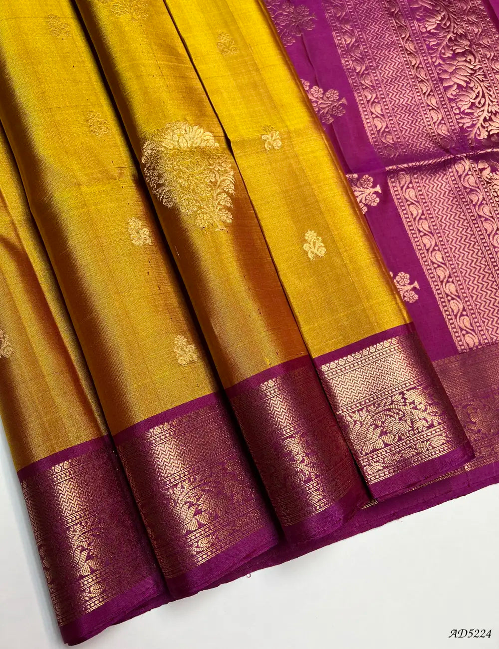 Golden & Purple - Kanchi Border Soft Silk Saree Front View