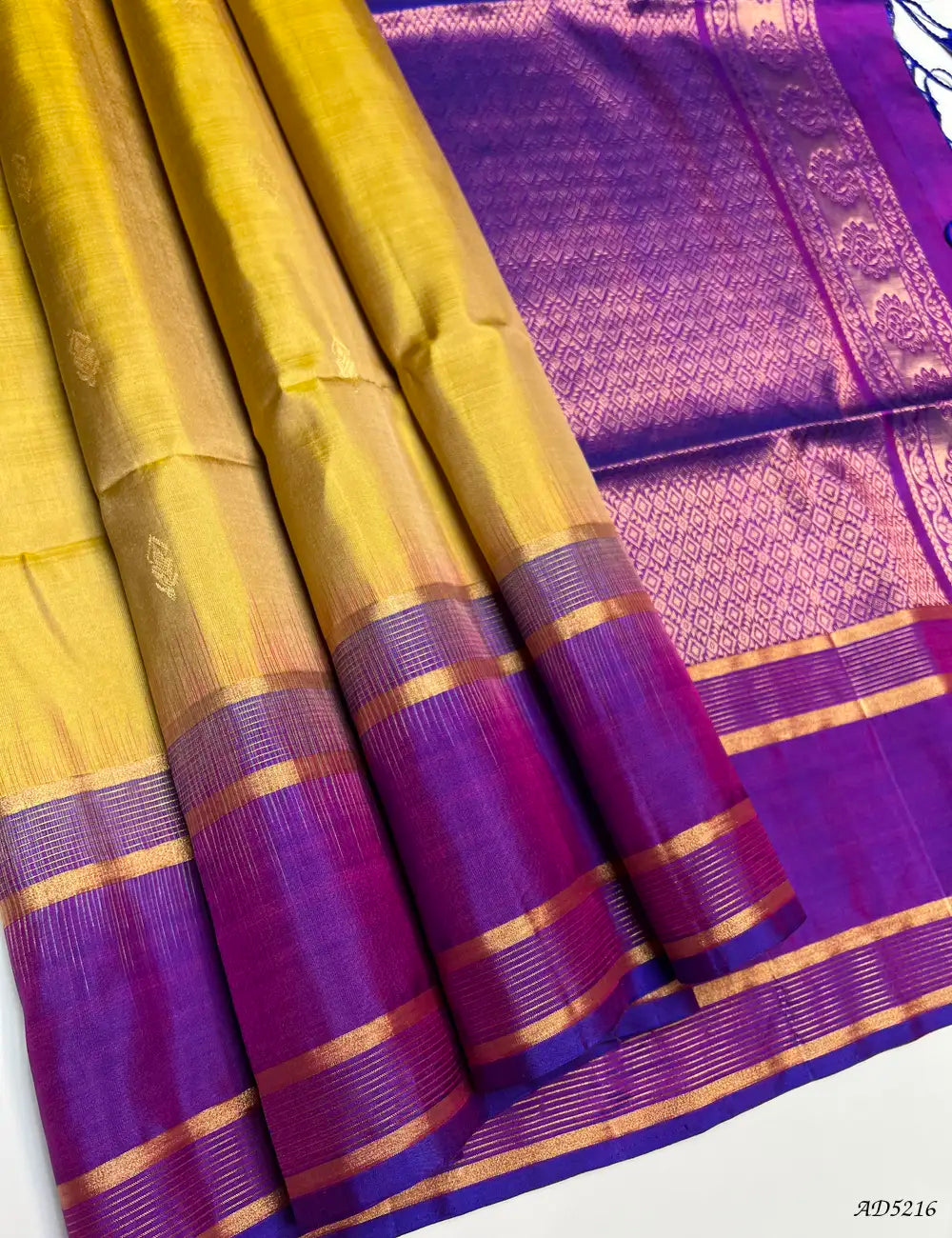 Golden Yellow & Purple - Retta Pet Border Soft Silk Saree Front View