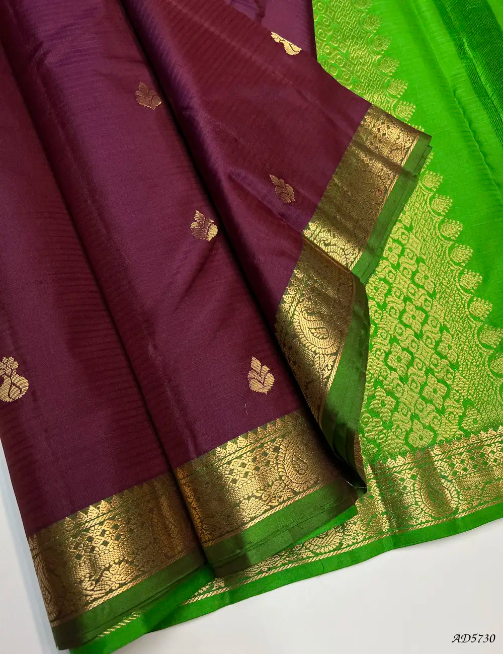 Grape & Green - Kanchi Border Soft Silk Saree Front View