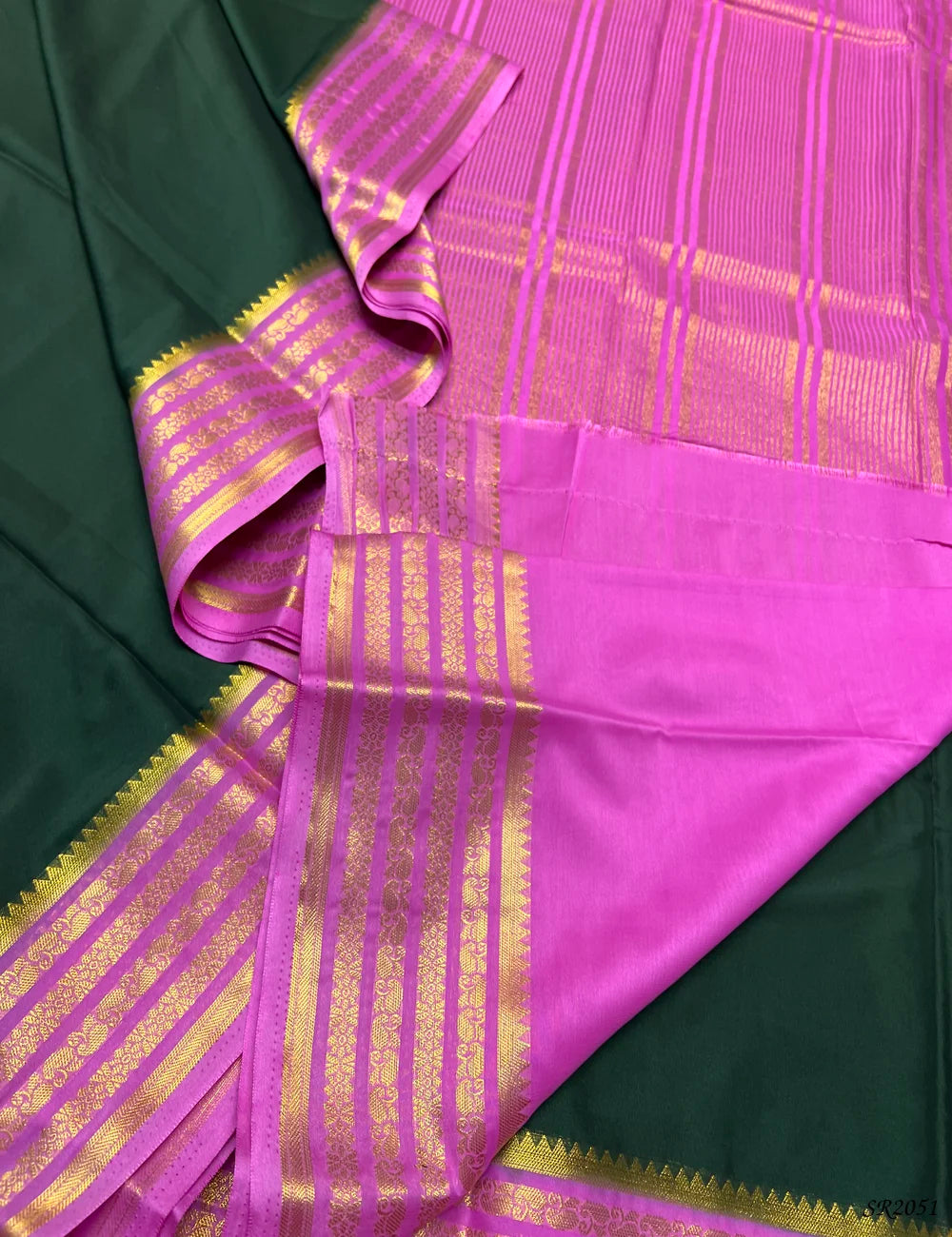 Green & Baby Pink - Mysore Crepe Saree -