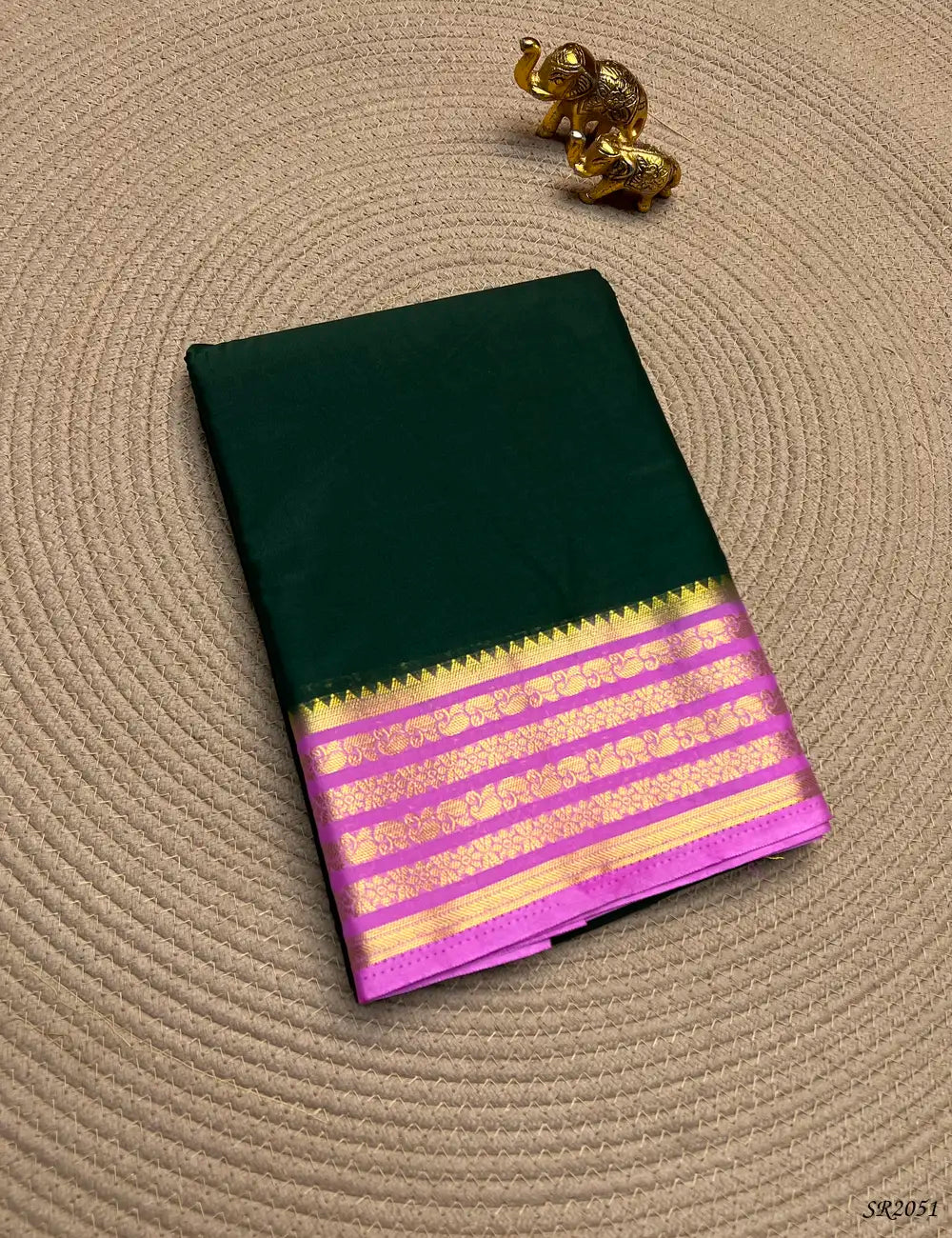 Green & Baby Pink - Mysore Crepe Saree Front View