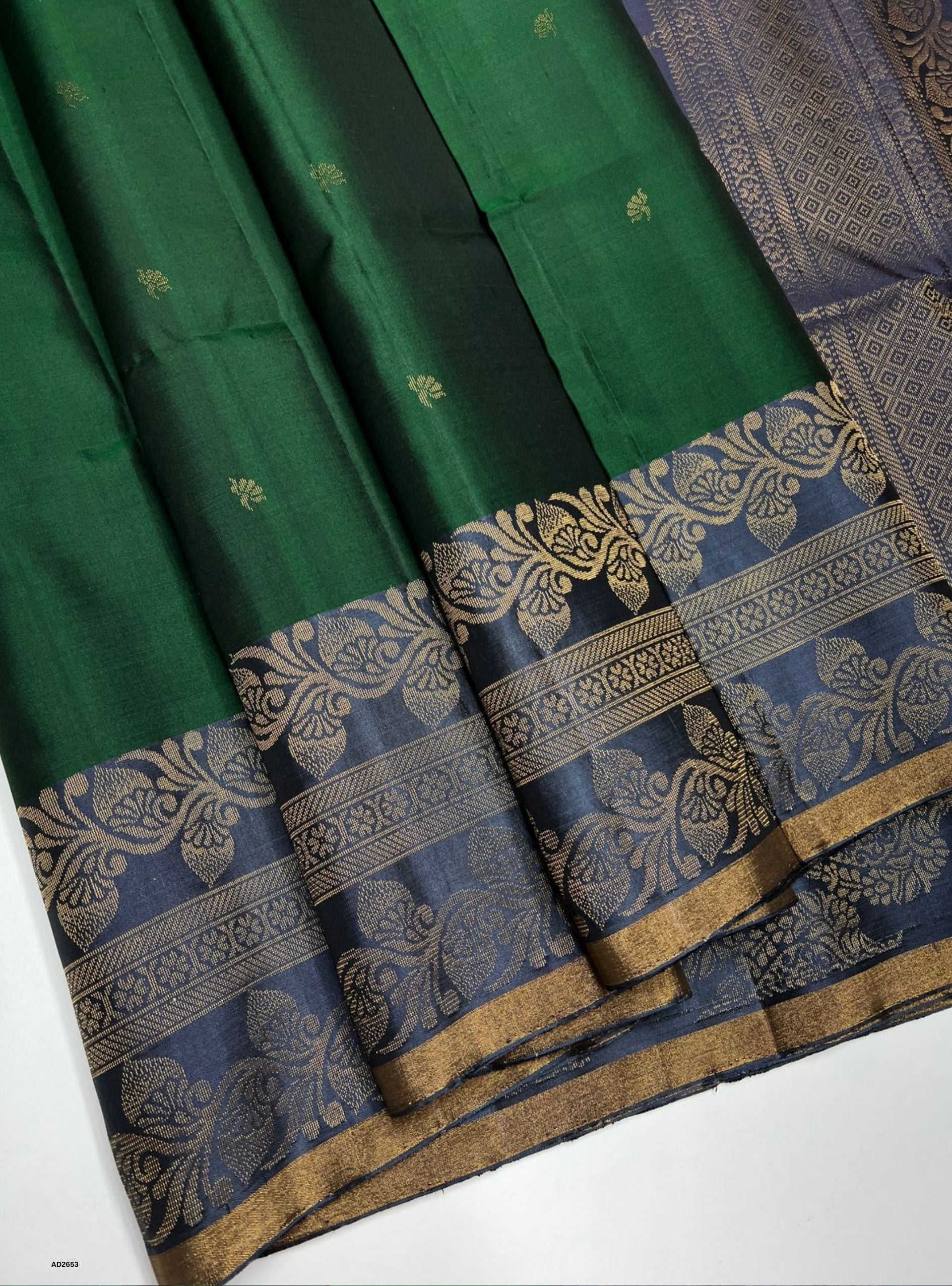 Green and Grey Turning Soft Silk Saree with gold zari motifs.