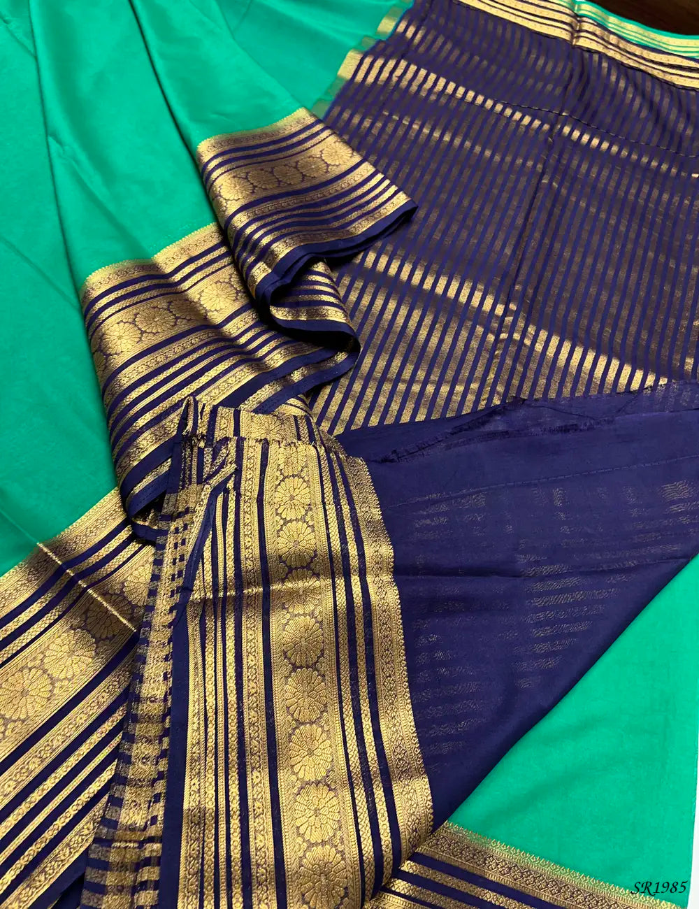 Green & Ink Blue - Mysore Crepe Saree -