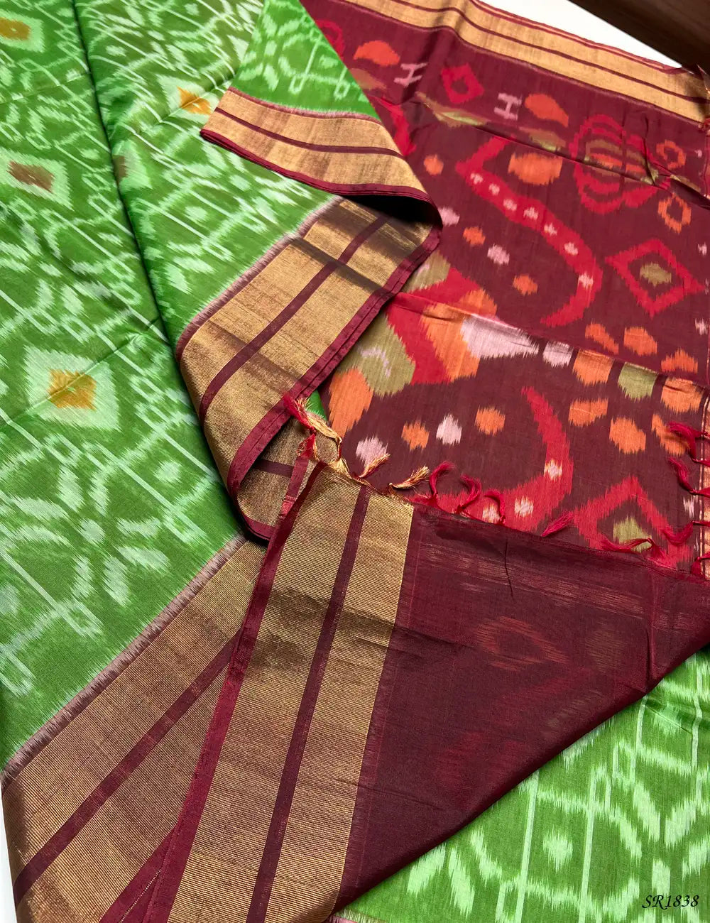 Green & Maroon - Ikkat Kora Cotton -