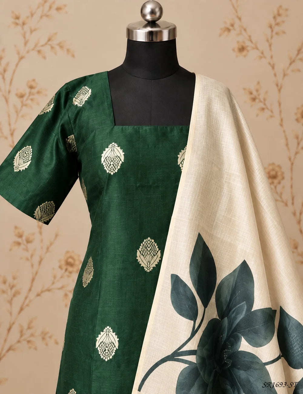 Green - Raw Silk Stiched Suit 3 Pc Set Front View