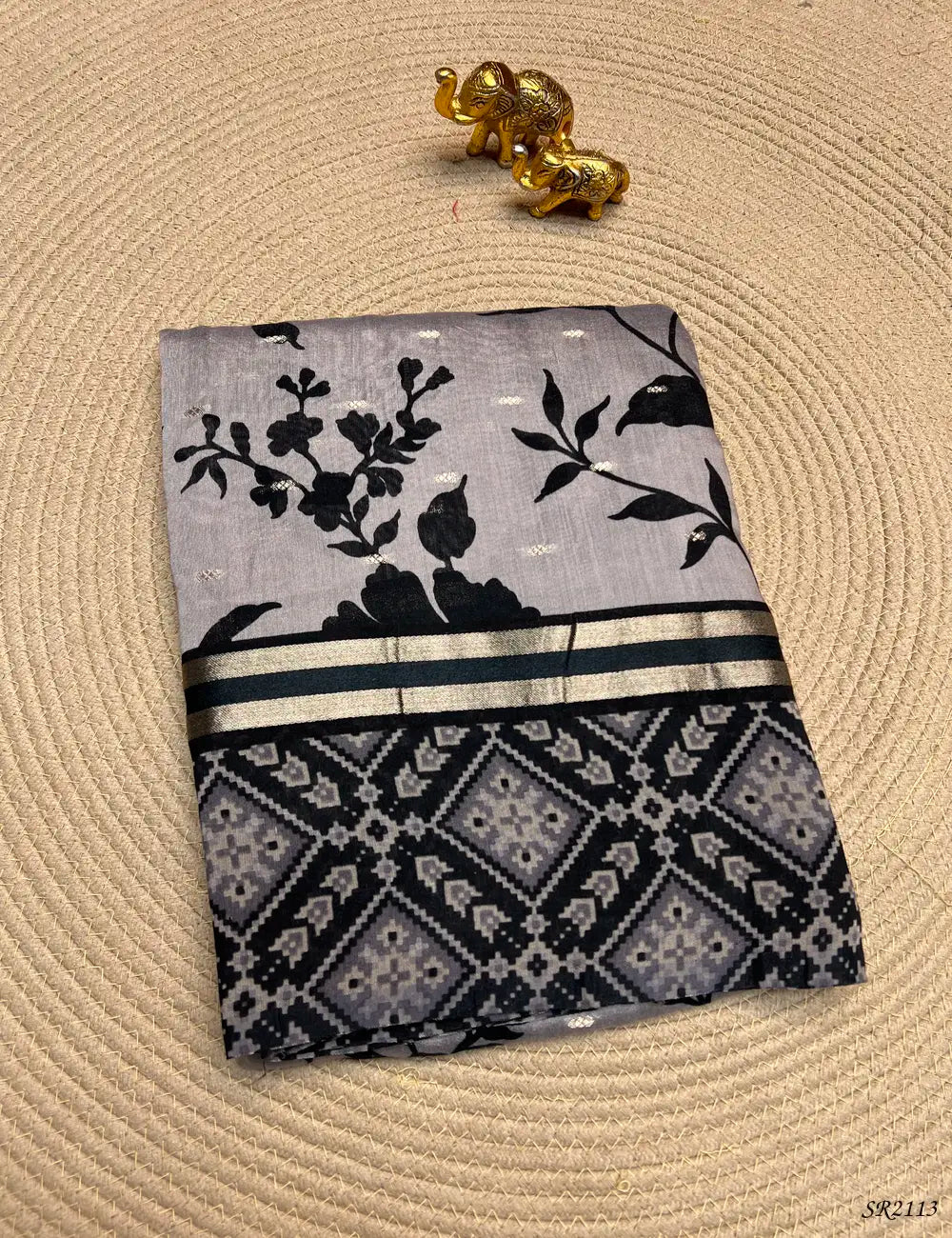Grey & Black - Assam Silk Saree Front View