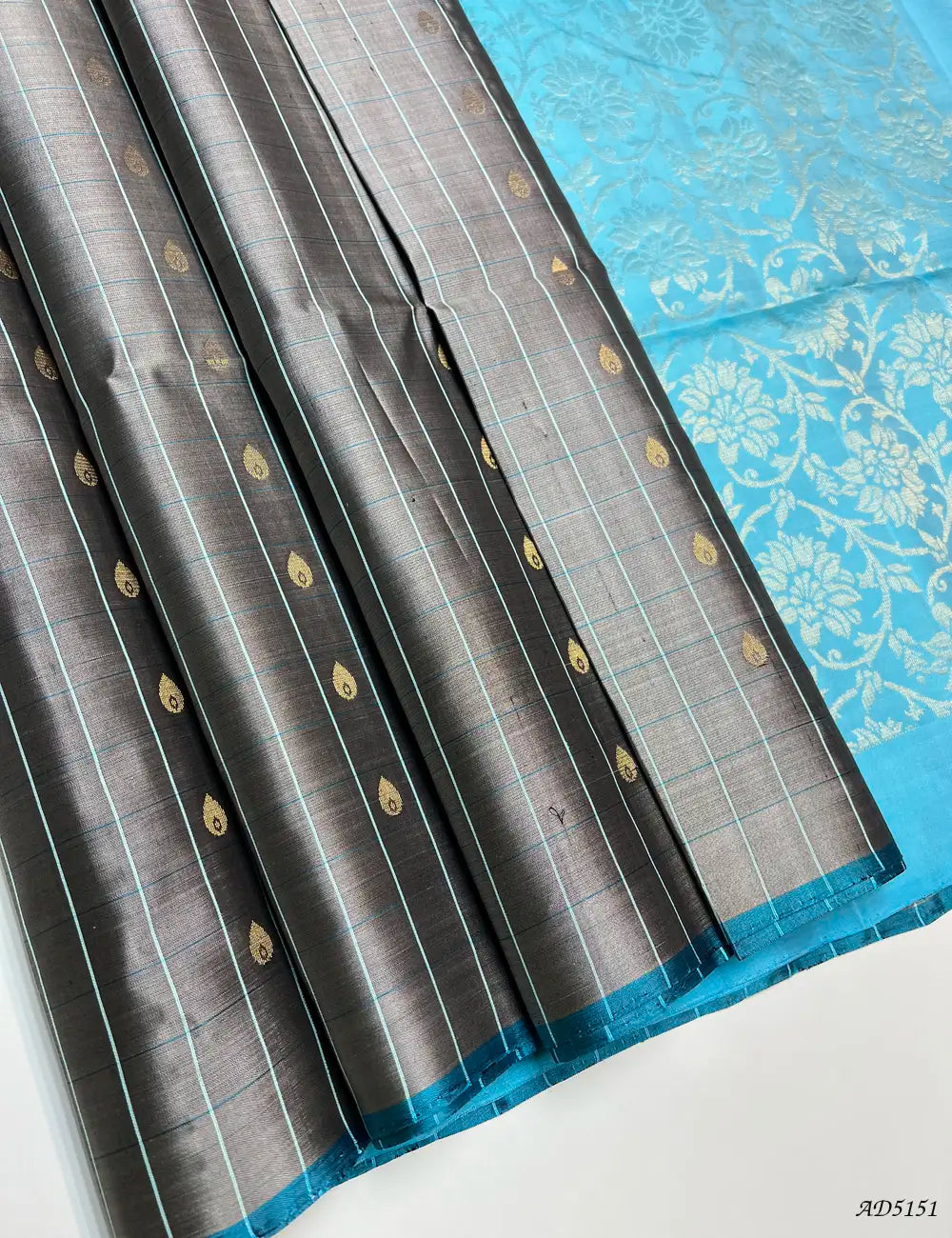 Grey & Sky Blue - Checkerd Soft Silk Saree Front View