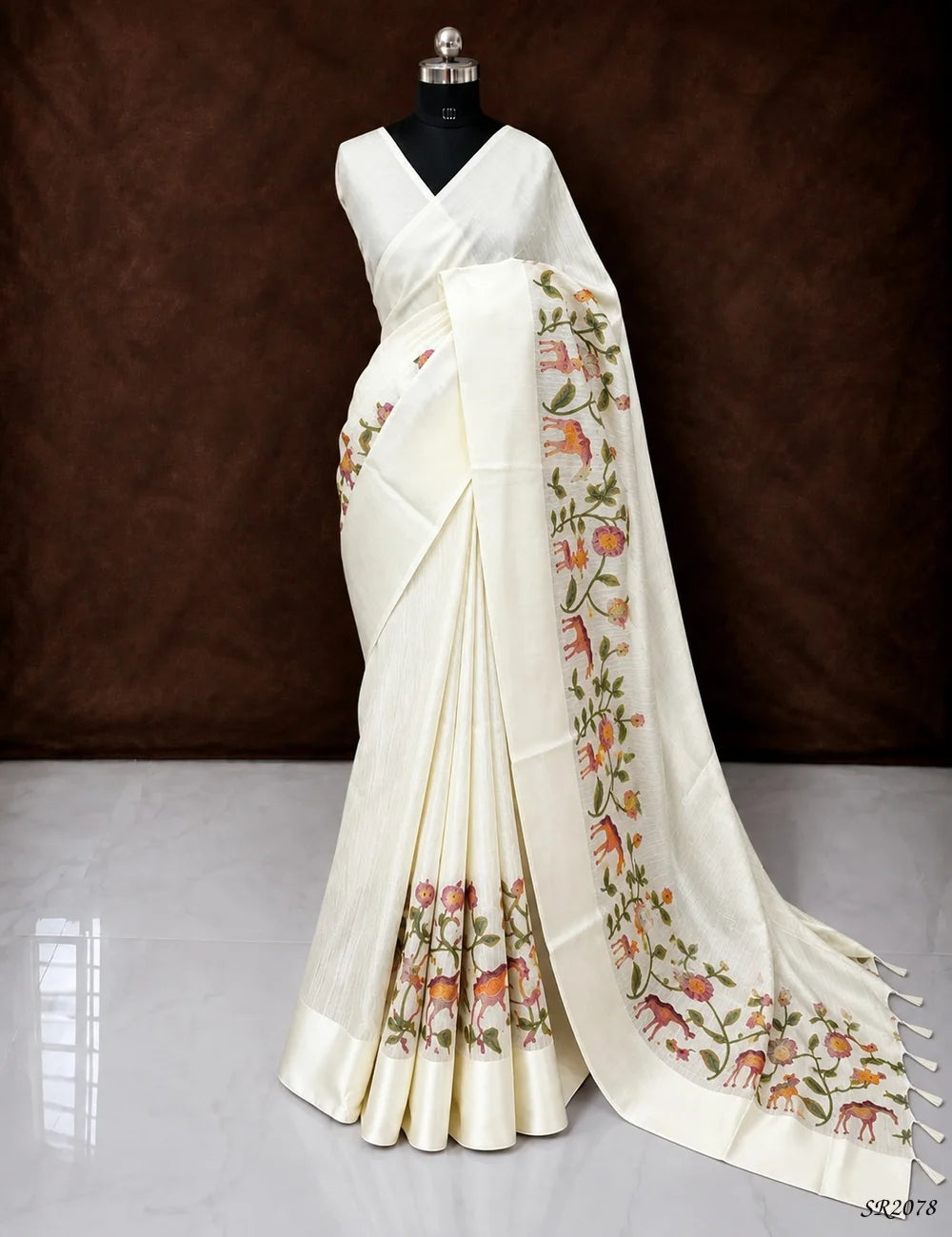 Half White - Silk X Linen Saree Front View
