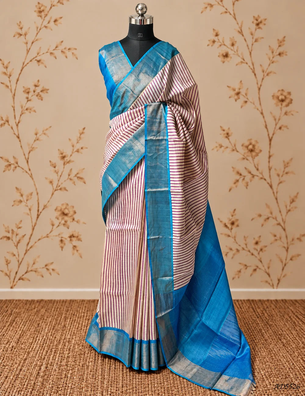 Half White & Teal - Pure Desi Tussar Saree Front View
