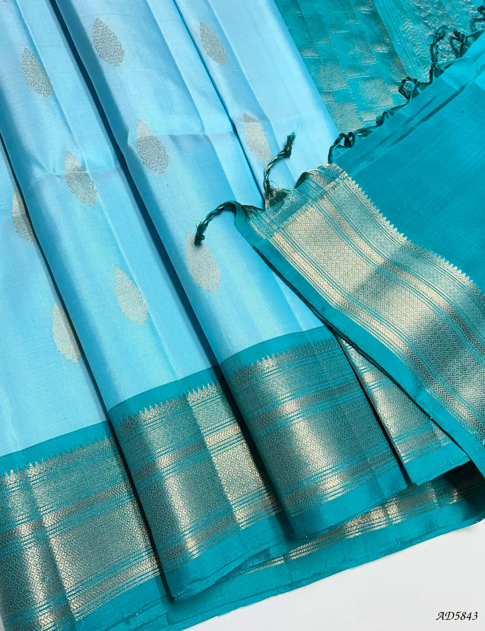 Ice Blue & Rama Blue - Kanchi Border Soft Silk Saree Pallu View