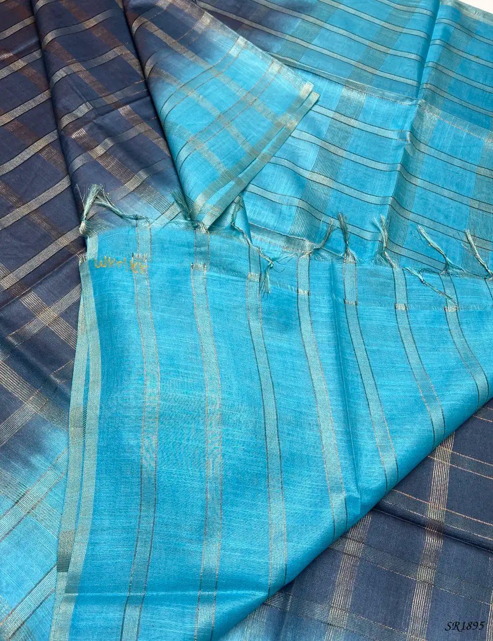 Ice Blue & Teal - Semi Tussar Saree Pallu View