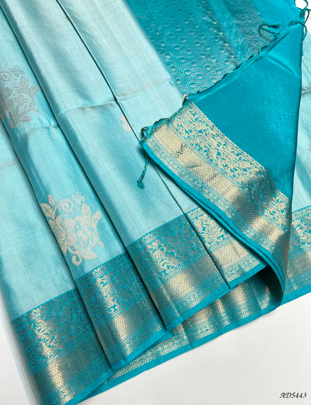 Ice Blue & Turquoise - Kanchi Border Soft Silk Saree Front View