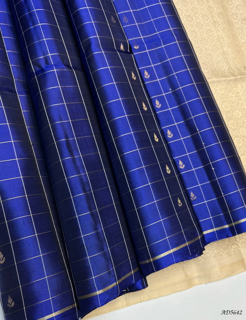 Ink Blue & Half White - Checkerd Soft Silk Saree Front View