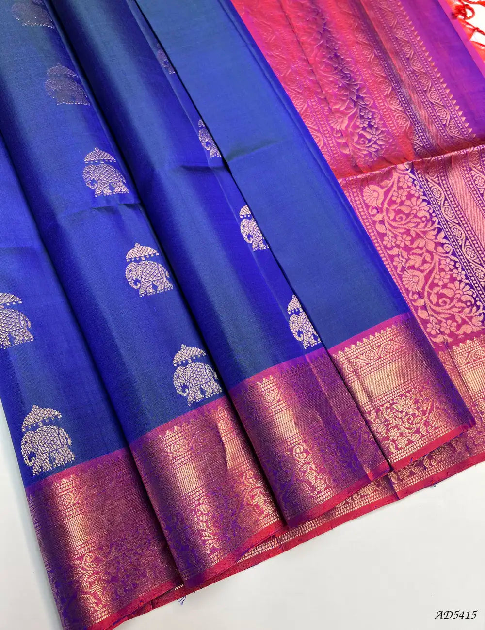 Ink Blue & Magenta - Kanchi Border Soft Silk Saree Front View