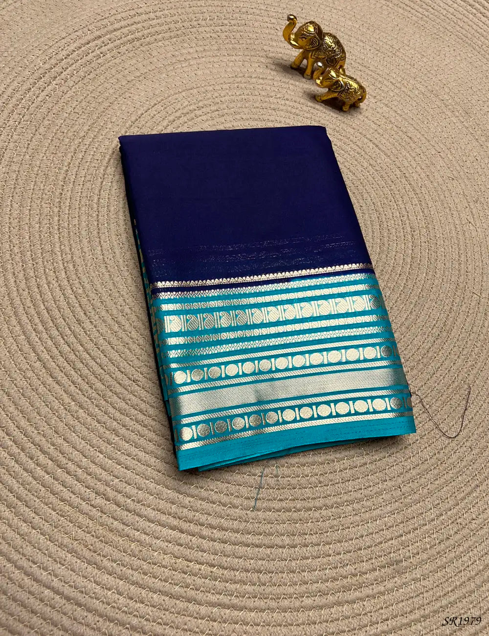 Ink Blue & Rama Blue - Mysore Crepe Saree Front View